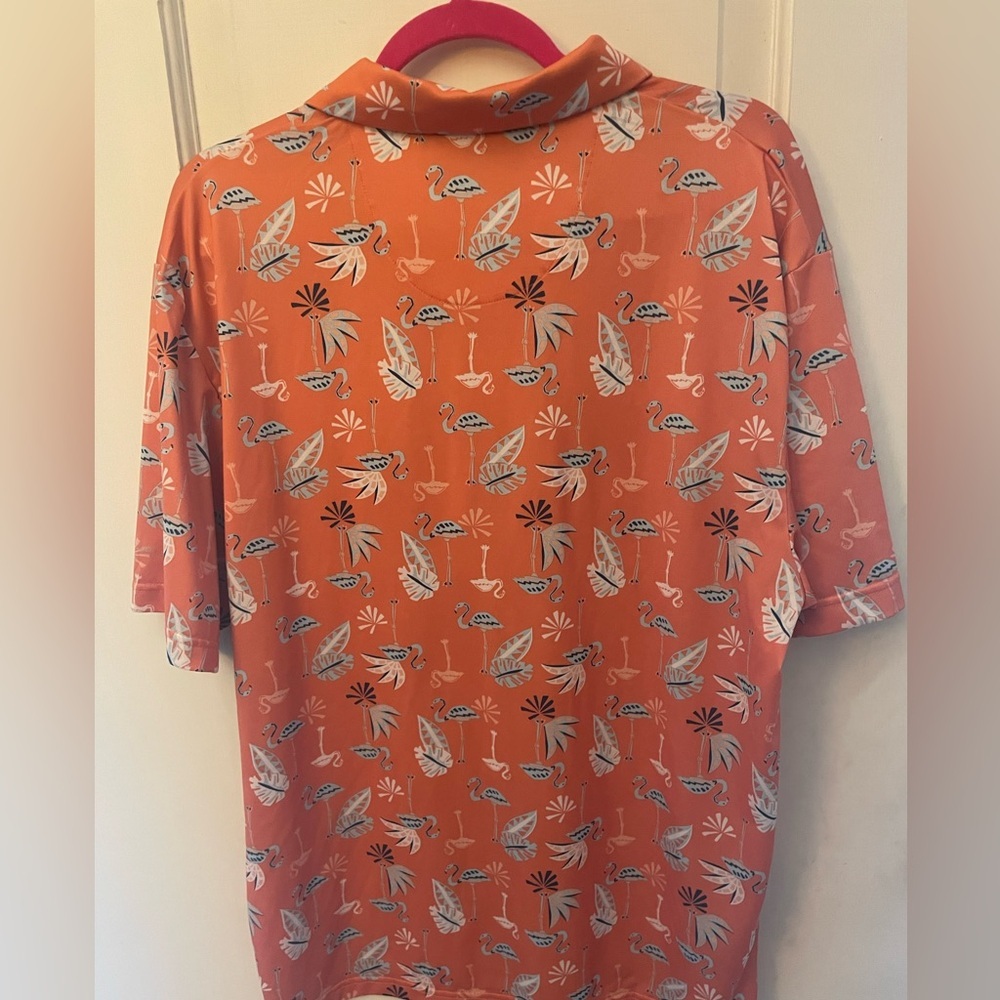 Nicklaus Polo Shirt Men L Orange & Blue Flamingos Floral Eco Choice Golf - Picture 2 of 5